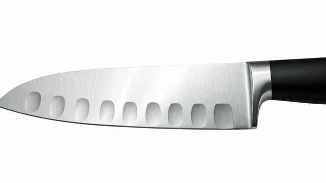 Detailed horizontal close-up of a sharp stainless steel santoku knife blade, featuring a granton edge, conveying a clean metallic mood for professional food preparation