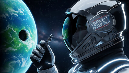  Futuristic 2027 text effect design on a modern digital background with glowing typography, dynamic light trails, and abstract motion. Perfect for future technology, innovation, and next-year concept.