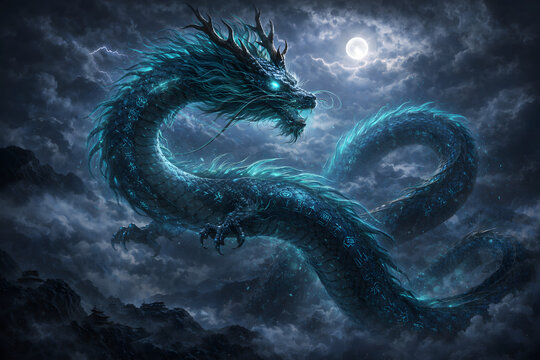 Azure Dragon of the Chinese Constellation Soaring in Stormy Moonlit Sky