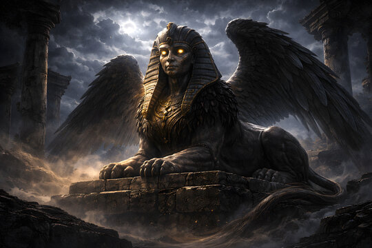 Winged Sphinx Guardian in Ancient Ruins under Stormy Moonlit Sky