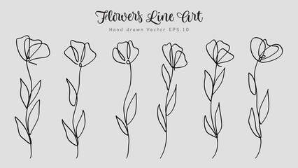 One Continuous Line Art Flowers Collection Hand Drawn Blossom.