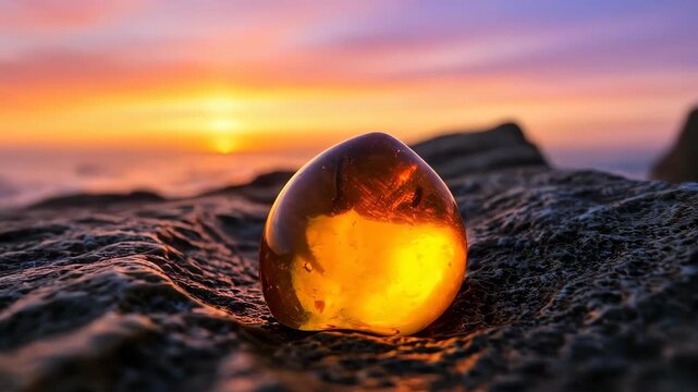 Glimmering Amber Gem in Sunset Glow: A captivating amber gem rests on a rocky surface, radiating a warm, golden glow against the backdrop of a vibrant sunset.