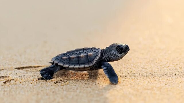 Emerging to a New Beginning: A tiny sea turtle embarks on its first journey toward the ocean, a symbol of hope and resilience against the sun-kissed sands.