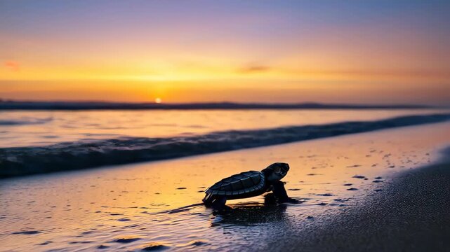 Turtle's Dawn Journey: Witness the tender moment a sea turtle navigates the sandy shore, illuminated by the radiant glow of a sunrise, embarking on its journey into the vast ocean.