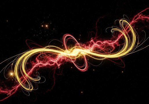 Electrical impulse concept art with yellow and red curves on black background - Powered by Adobe