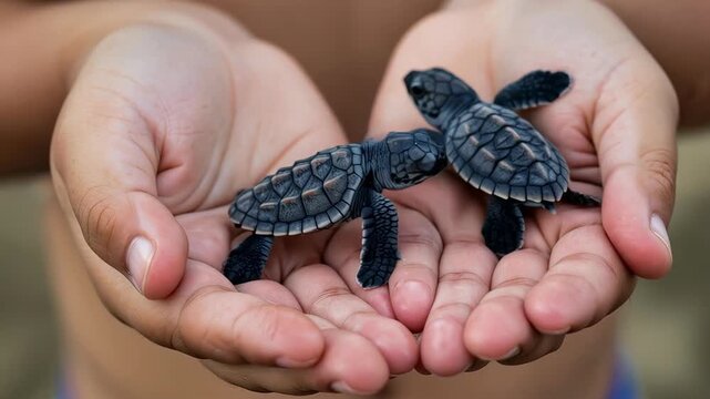 Caring Palms: A gentle pair of tiny sea turtles, cradled securely within open hands, embodying the fragility and wonder of marine life and offering a tender moment of conservation.