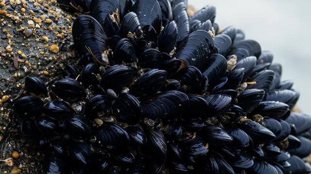 Cluster of Clams on a Rock: A close-up view captures a densely packed cluster of clams, their shells glistening with a deep, rich hue, clinging tenaciously to a rough.