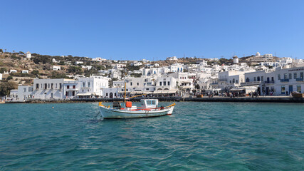 Fishing boat moored at Mykonos harbor