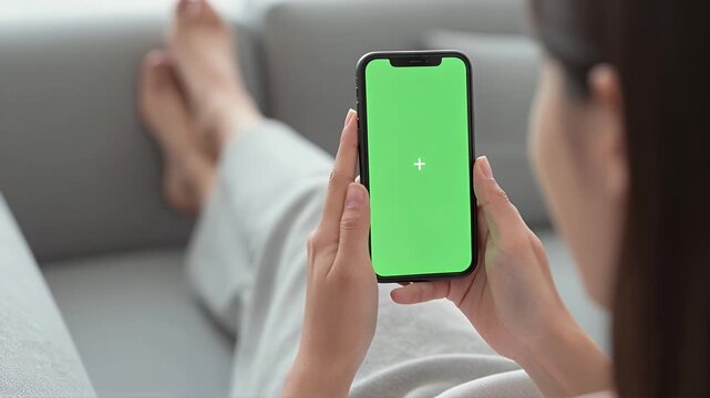 Woman Using Smartphone with Green Screen for App Development and Social Media Interaction in Cozy Setting