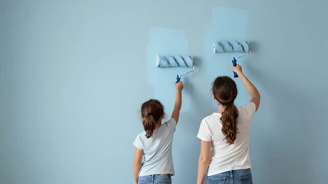 Two People Painting a Wall with Blue Color Using Paint Rollers in a Bright Room