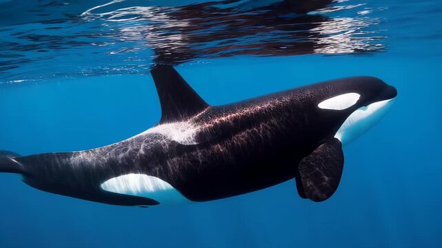Majestic Orca in the Depths: A stunning killer whale gracefully glides beneath the water's surface, its sleek black and white markings contrasting against the deep blue ocean. 