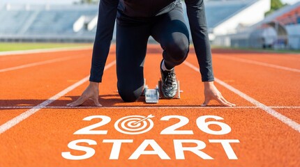 Athlete in starting blocks on running track with 2026 target and start text, symbolizing future goals