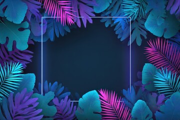 Abstract Neon Tropical Leaves and Glowing White Square Frame on Dark Background