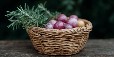 Basket of fruit with a bunch of berries and a bunch of grapes