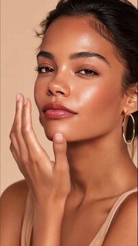 Close up beauty portrait of young woman with glowing dewy skin touching face natural makeup and skincare concept (Vertical Video)