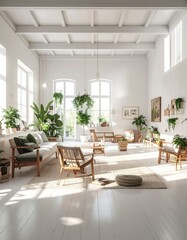 Fototapeta premium Bright, minimalist living room with sustainable decor and plants