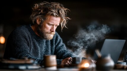 Focused Man Enjoying Coffee While Working on Laptop at Cozy Cafe