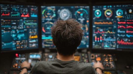 Focused Operator Analyzing Data on Multiple Monitors in Control Room