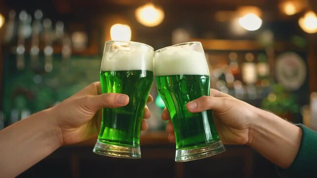 two people clinking glasses of green beer with foam in cozy pub interior, concept of st patricks day celebrations, bars and breweries