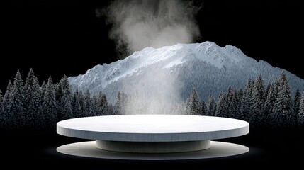 Abstract Snowy Pixel Art Landscape Scene with Mountain Range and Coniferous Trees Set on Stone Podium in Spotlight Against Black Background