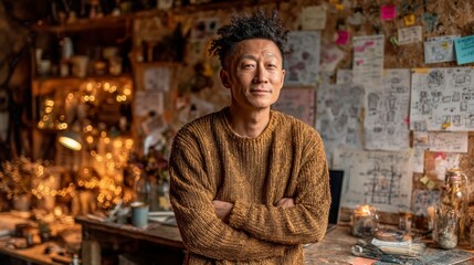 Creative Individual in Cozy Workspace Surrounded by Inspiration