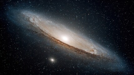 Fototapeta premium Andromeda Galaxy Shimmers With Star Clusters Dust Lanes Against Dark Blue Starry Sky Revealing Cosmic Wonder Deep Space Exploration Celestial View