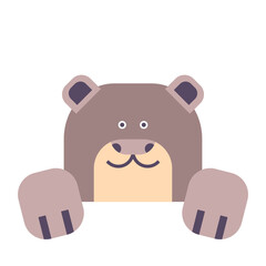 Cute flat bear character peeking over edge, simple cartoon vector illustration for kids design, stickers, posters and playful branding.