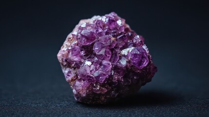 Close Up of Shiny Purple Amethyst Crystal Cluster on Dark Background Under Bright Studio Lighting with Texture and Sparkling Highlights for Metaphysical Healing and Decoration