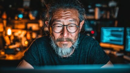 Focused Older Man with Beard Working on Computer in Dim Lighting