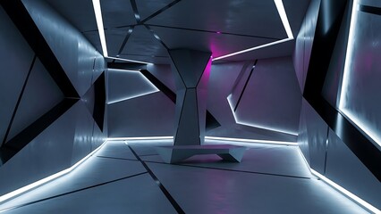 Futuristic interior with geometric shapes, neon lights, and modern design