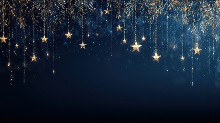 Obraz premium Elegant Gold Stars Hanging on Strings with Sparkling Light on Dark Background for Celebration or Holiday, Festive and Sophisticated Design