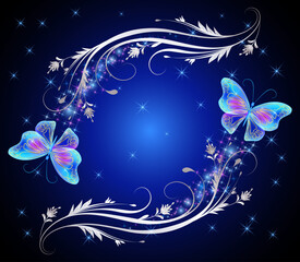 Fairytale night sky with magical blue butterflies and floral ornament and stars. Fantasy sparkle background.