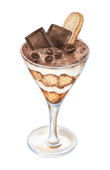 Watercolor illustration of tiramisu dessert in glass decorated with coffee beans, chocolate bar, and ladyfinger cookies. For art prints, menu, cafe, cookbooks, and more