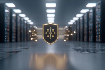 Golden Shield Emblem in Data Center with Glowing Circuits Protecting Server Racks, Cyber Security Concept, Dark Background with Metallic Reflections