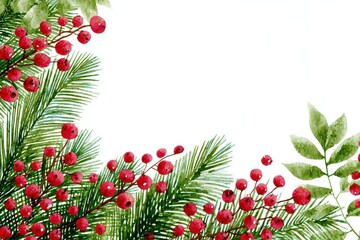 Festive Christmas Border with Red Berries and Green Pine Branches Watercolor Painting on White Background