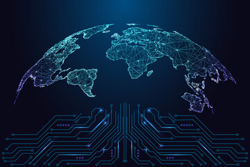 Global connectivity, digital infrastructure, worldwide data. Glowing world map above circuit board