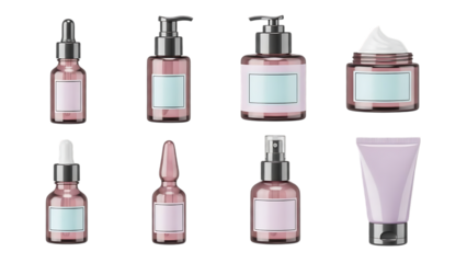 Collection of various pink cosmetic bottles and containers