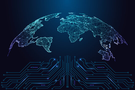 Global connectivity, digital infrastructure, worldwide data. Glowing world map above circuit board