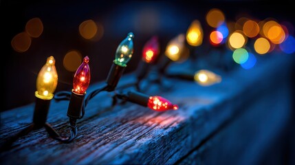 Glowing Holiday String Lights on Rustic Wood with Bokeh Backdrop at Night