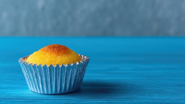 Queijada in Silver Foil Cup with Powdered Sugar on Blue Wooden Table against Soft Blue Background