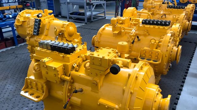 Hydromechanical transmission for heavy machinery. Electromechanical transmission with electric differentials for dump trucks on Industrial conveyor in workshop of automotive plant. Planetary gearboxes