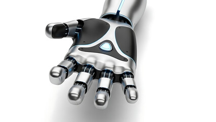 Advanced robotic hand with metallic finish and glowing blue accents reaching out