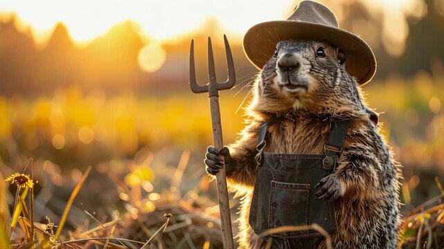 groundhog dressed as a farmer standing upright in grassy field holding a pitchfork, looking at camera in open countryside environment with natural daylight
