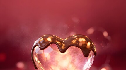A heart-shaped glass object being filled with molten chocolate against a red background