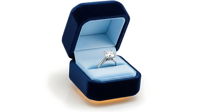 Elegant diamond engagement ring presented in a luxurious navy blue velvet box