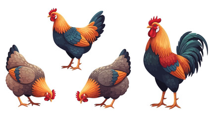 A group of four roosters and hens, with two hens pecking at the ground and two roosters standing tall. © Elsa