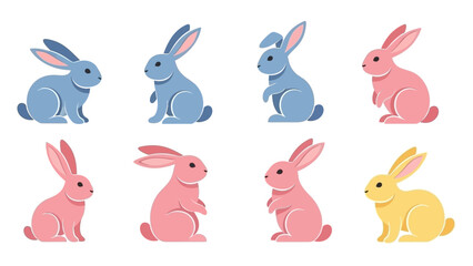 Obraz premium A collection of eight cartoon rabbits in various colors including blue, pink, and yellow, depicted in a playful and cute style.