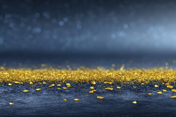 Gold Glitter on Dark Blue Surface with Bokeh Light Background for Festive Atmosphere