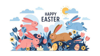 Happy Easter illustration featuring cute bunnies, colorful tulips, and decorated eggs in a spring landscape.