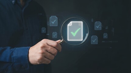 Hand holding magnifying glass over digital document with a green checkmark surrounded by other documents with checkmarks representing verification and approval processes on a dark background